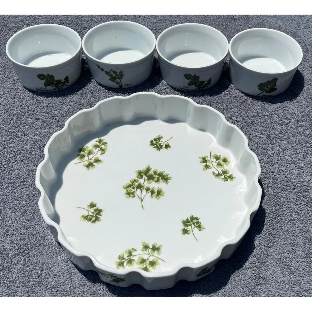 Parsley‎ Oven to Table Cookware Baking Dish Ramekins Herb Design White